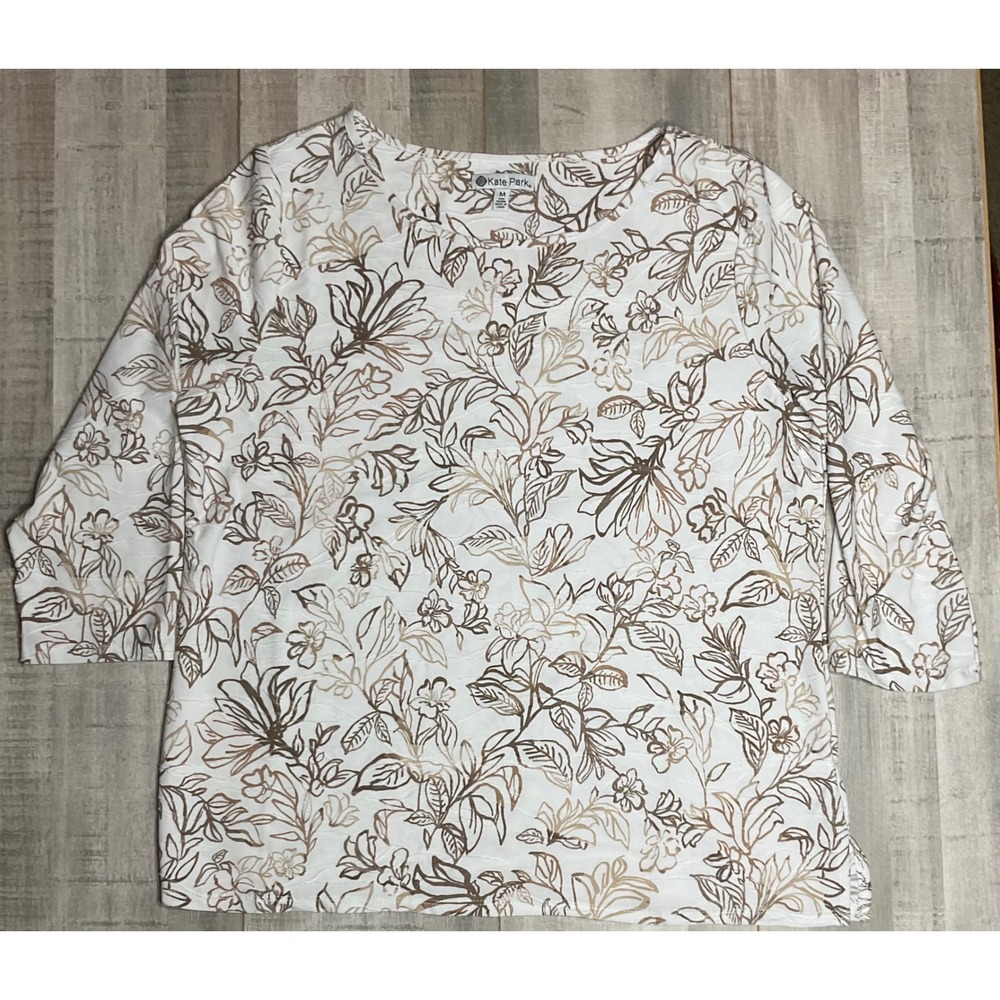 Kate Park Womens White Tan Floral‎ 3/4 Sleeve Textured Scoop Neck Top Size M